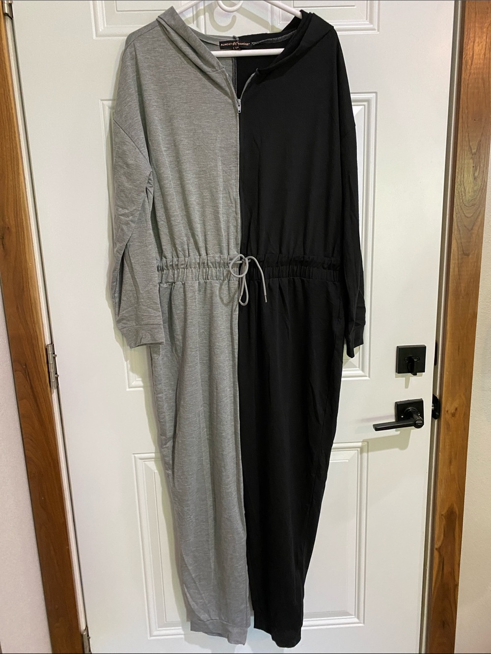 Almost Famous Black & Gray Colorblock Hooded Drawstring Jumpsuit